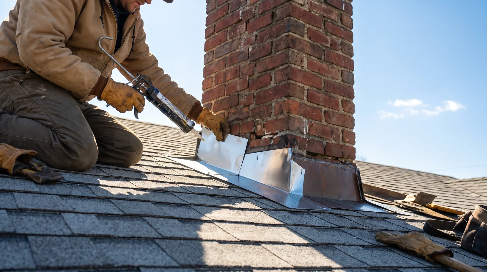 Roofer resealing step flashing where a brick chimney meets an asphalt shingle roof